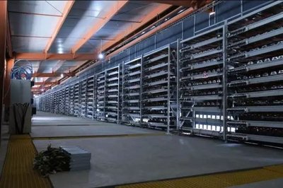 A panoramic view of a bustling mining farm, showcasing rows of Scrypt miners ready for hosted operations