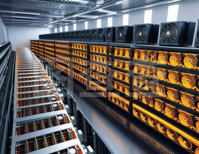 An industrial mining farm with rows of mining rigs